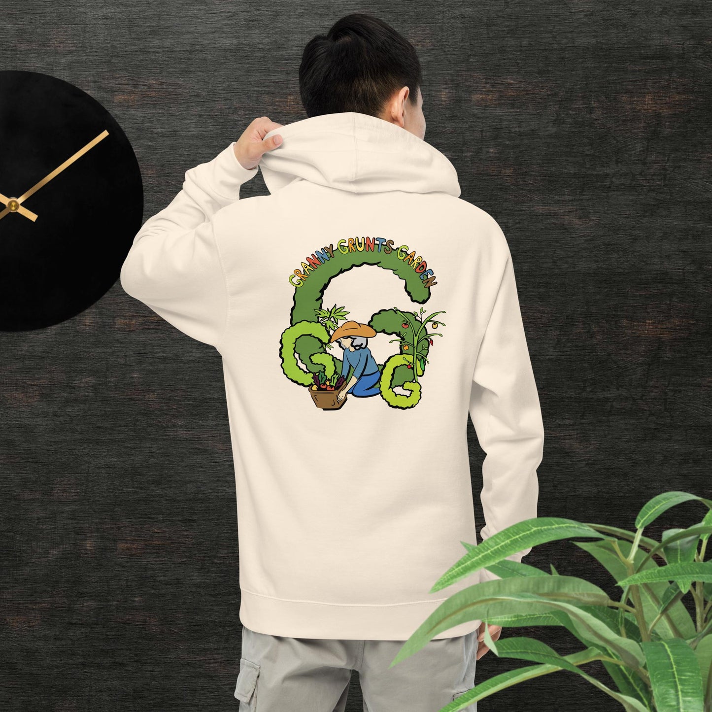 Art From The Root logo (front) Granny Grunts Garden logo (back) Unisex midweight hoodie